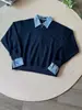 Sudadera Miu con Cuello Polo y Panel de Espiga para Hombre y Mujer Estilo Retro Americano Falso Dos Piezas Media Cremallera Estilo Old Money