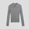Suéter de Lã 100% Pura com Padrão de Ondas de Água Sem Costura Fio Yangzi Gola Polo Manga Longa Camisa Base Tricotada Top Feminino