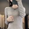 Otoño e Invierno nuevo suéter de mujer de manga larga a rayas con cuello redondo, top jersey a rayas de color contrastante, ropa interior, camisa básica exterior