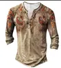 Camiseta Casual Masculina Transfronteiriça Nova Estampa Digital 3D Manga Longa Bússola Retrô Série Diária Gola V com 7 Botões