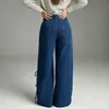 Calça Jeans Feminina Retrô de Novo Estilo Europeu e Americano com Decoração de Cadarço, Perna Larga Reta Solta e Relaxada