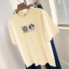 Camiseta de algodón grueso de 260 g para mujer, manga corta, diseño estampado de marca de moda de Hong Kong, cuello redondo, manga corta holgada.