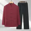 Traje Tang Masculino para Pais de Meia-Idade e Idosos, Roupa Estilo Chinês de Manga Longa, Conjunto de Duas Peças para Avôs