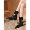 Botas Curtas de Salto Grosso Marrom 4cm para Mulheres Outono e Inverno Nova Moda Retro Bico Fino Botas de Cavaleiro Salto Médio Botas da Moda