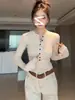 Camiseta de manga larga con cuello Henley y forro polar para mujer, corte ajustado, top elegante para usar en capas o como prenda exterior