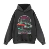 Sudadera con capucha estampada de coche deportivo retro americano, disponible en stock, lavada y desgastada, marca de moda urbana, corte holgado, talla grande, sudadera unisex