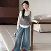 Conjunto de Primavera y Otoño para Niñas 2026 Nuevo Casual Estilo Coreano Niños Medianos y Grandes Sudadera Rayada Falsa de Dos Piezas Transfronterizo de Moda