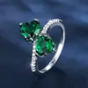 Anillo de esmeralda de doble corazón bestseller transfronterizo, anillo de piedra preciosa en forma de corazón con diamantes completos de estilo corte vintage