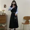 Vestido Midi de Manga Larga con Bloques de Color y Patchwork para Primavera y Otoño para Mujer, Estilo Commuter, Falso Dos Piezas, Oculta el Vientre, Adelgazante, Ceñido a la Cintura, Corte A