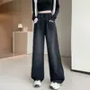 Jeans Casuales Rectos de Moda Negros para Mujer Otoño e Invierno, Nuevo Estilo Trendy, Pantalones Elegantes de Pierna Ancha con Cintura Elástica Tallas Grandes