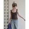 Camisole de cor contrastante cinza escuro estilo coreano, falso duas peças com botões para mulheres, top curto justo de verão