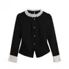 Elegante Camisa Patchwork con Volantes, Cuello Redondo y Cuentas para Mujer, Nuevo Modelo Primavera Temprana 2026, Top Casual Elegante y Versátil