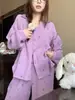 Pijama Floral Roxo Estilo Retrô para Menina, Cardigã para Primavera e Outono, Gola Lapela, Conjunto de Calça Manga Longa, Pode Ser Usado Fora de Casa como Roupa de Casa