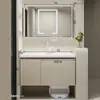 Gabinete de Baño de Madera Maciza a Prueba de Humedad Lavabo Integrado de Cerámica Combinación de Gabinete con Lavabo de Doble Cajón Espejo Feng Shui Integrado Gabinete de Baño