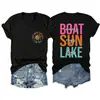 Barco ondas raios de sol Amazon eBay site independente camiseta feminina da moda e elegante com decote V e manga curta