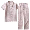 Pijama de Verão para Casal Manga Curta Calça Longa 100% Fio de Algodão Grau A Estilo Clássico xadrez sem estampa Conjunto de Loungewear Masculino e Feminino