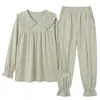 Pijama de Otoño para Mujer, Algodón Puro, Estilo Francés Dulce, Sensación de Alta Gama, Estilo Primavera y Otoño, Ribete de Encaje, Conjunto de Ropa de Casa de Manga Larga para Mujer
