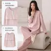 Novos Pijamas para Mulheres 100% Algodão com Sutiã Embutido Manga Longa Calça Longa Usável Todo em Algodão Confortável Roupa de Casa Conjunto de Cor Sólida