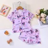 Tecido antichama europeu e americano cross-border comércio exterior crianças médias meninas conjunto de roupa de casa manga curta shorts curtos cardigã lapela confortável