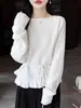 Suéter de Punto de Lana Pura Off-Shoulder Nuevo Invierno 2026 para Mujer, Manga Larga, Color Sólido, Suéter de Lana con Diseño de Corbata