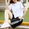 Conjunto esportivo casual versátil de cor sólida para mulheres, conjunto de duas peças de verão folgado plus size com shorts de manga curta e calça no joelho, confortável