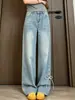 ChaoLi Em Estoque Gravata Borboleta Vintage Jeans de Perna Larga para Mulheres, Outono Cintura Alta Emagrecedor Versátil Calças de Perna Reta