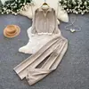 Conjunto de dos piezas de cárdigan de punto casual con cuello en V y pantalones de pierna ancha para mujer, conjunto de suéter versátil para el trabajo, corte slim, otoño 2026