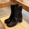 Versión de Piel de Vaca en Stock~Nuevas Botas Cortas de Moda para Mujer Otoño e Invierno, Piel Genuina, Cremallera Lateral, Botas Martin de Tacón Alto Grueso