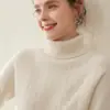 Tricô de Caxemira com Gola Rolê Torcida Feminino Pulôver Cor Pura Manga Longa Casual Simples Moda Quente Top Base