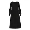Roupas Femininas Plus Size 2026 Inverno Novo Vestido de Tricô com Manga Lanterna Emagrecedor Retrô Comprimento Midi Saia Plissada