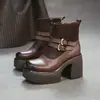 Jiezhou Colección Otoño 2026: Botines Vintage de Retazos con Doble Hebilla Dorada, Tacón Grueso y Suela Gruesa, Zapatos para Mujer que Aumentan la Altura
