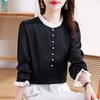 Camisa de Satén de Lujo Ligero Francés con Cuentas con Borde de Oreja Primavera 2025 Nuevo Top de Color en Contraste con Costuras Ropa de Mujer Estilo Chanel Pequeño