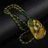 Collar Étnico de Ámbar Regalo Cadena Larga de Seda Verde Cadena de Cera de Abejas Colgante Vivo Regalo para Hombres y Mujeres