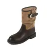 Botas de cuero súper suaves 2026 nuevo modelo botines cortos para mujer con punta redonda, tacón grueso, botas de jinete marrones con hebilla de cinturón y diseño fruncido