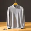 Suéter Masculino Gola Alta 100% Caxemira Pura, Novo Suéter de Tricô com Zíper Cor Sólida Outono/Inverno, Camisa Base Casual de Negócios