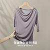 Yuyue 2026 Nuevo Estilo Camiseta de Seda de Morera de Manga Corta de Verano para Mujer, Diseño Adelgazante de Corte Recto con Pliegues Irregulares