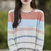 Suéter de punto vintage a rayas de arcoíris estilo francés para mujer, nuevo suéter de cuello redondo, cómodo y transpirable, hecho de algodón puro, adecuado como top de capa base