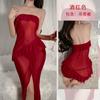 Estilo Red Social Nuevo Estilo Falda de Malla tipo Camisola Color Sólido Hombros Descubiertos Rizado Transparencia Diagonal Falda Larga Sexy Glamorosa 692