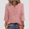 Top de Manga Tres Cuartos con Encaje, Color Sólido, Cuello en V, Estilo Camiseta, Empalmado, Corte Holgado, para Mujer, Europeo y Americano, Primavera/Verano 2026