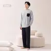 Algodón PuroPijama para Hombre Primavera y Otoño Cuello Redondo Manga Larga Pantalón Largo Adolescente Casual Ropa para el Hogar Conjunto de Dos Piezas