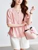 Camisa Rosa de Algodón Cocoon con Cuello en V y Mangas Cortas para Mujer, Nuevo Estilo Verano 2026, Diseño de Abertura Lateral, Blusa de Algodón Puro