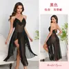 Camisón de Malla Fina Transparente de Verano con Tirantes de Pedrería Volante Espalda Abierta Abertura Alta Camisola Vestido para Casa Mujer 896