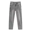 Moda de Calle Europea y Americana 2025 Estilo Elástico Jeans Grises Atractivos y Altos Aspecto Pantalones Largos Rectos Sueltos Modernos