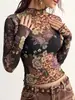 Camiseta europea y americana transfronteriza de Amazon 2026 nuevo estampado floral vintage top de malla de manga larga ajustado para mujer