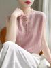 Primavera y Verano Nueva Llegada Lana Peinada Tejida Camiseta Base para Mujer Cuello Redondo Sin Mangas Ropa Exterior Camiseta Costuras de Encaje Estilo Occidental Combinable