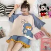 2025 Nuevo Verano Pijama de Manga Corta con Shorts para Mujer Dibujos Animados Dulce Casual Cuello Redondo Traje Ropa para el Hogar para Usar Afuera