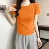 Camiseta de algodón acanalada de manga corta para mujer con hombros normales, cuello redondo, color liso, verano, dobladillo irregular, corte ajustado, top versátil, estilo ins