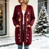 Novo cardigã de botões de comprimento longo de Natal, suéter casaco de moda estampado outono e inverno personalizado casual para mulheres