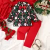 Conjunto Navideño para Niños Papá Noel Estampado Integral Camisa de Manga Larga con Cuello Corbata de Moño Pantalones Conjunto de Ropa Formal para Festivales