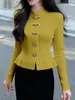 Suéter de punto de alta gama de un solo botón con cuello mao y manga larga para mujer a principios de otoño, con efecto adelgazante y ajuste ceñido, top de punto para llevar debajo